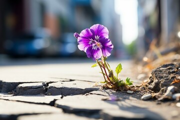 a purple flower growing through cracked pavement