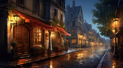 Fototapeta na wymiar Charming Rainy Evening in Old Town