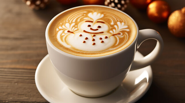 A cup of cappuccino with a picture of a snowman. Latte foam art with snowman