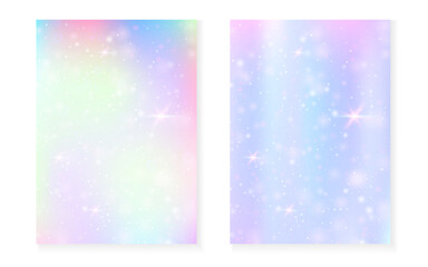 Kawaii background with rainbow princess gradient. Magic unicorn hologram.