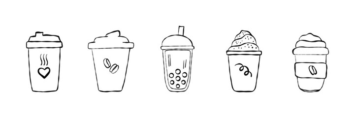 Set coffee take away doodle line style sketch. In paper mug, glass. Doodle vector illustrations isolated on white background.  Coffee  beverage take away.