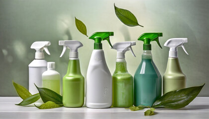 Promoting eco-friendly cleaning with spray bottles filled with cleaning solutions on a white background, accompanied by floating green leaves. Symbolizing a home with environmental consciousness - obrazy, fototapety, plakaty