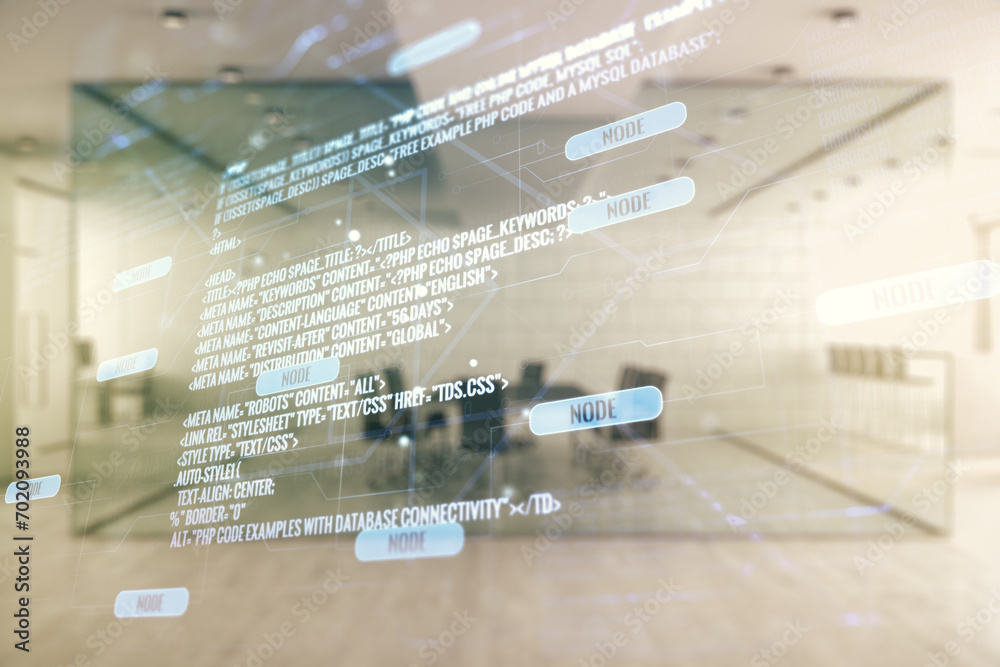 Poster multi exposure of abstract programming language hologram on a modern furnished office interior backg