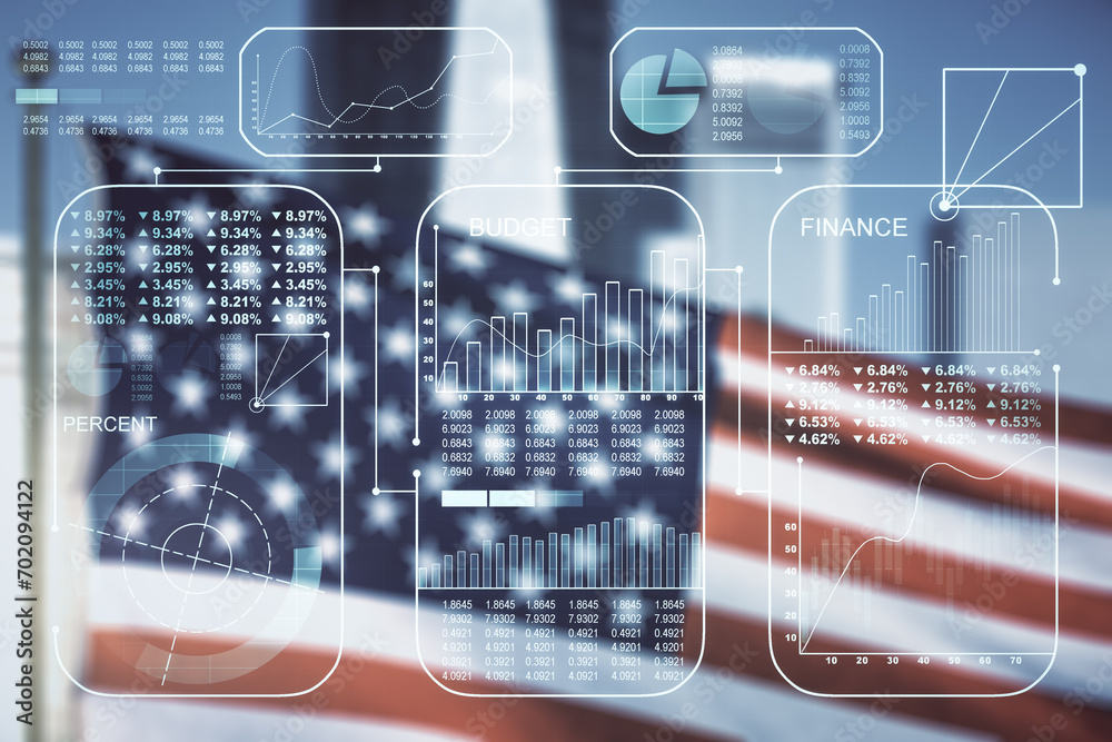 Poster multi exposure of abstract virtual graphic data spreadsheet sketch on us flag and skyline background