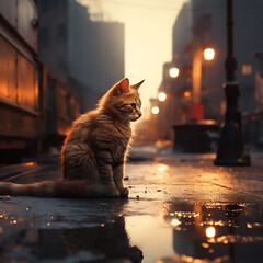 An stray cat walking around the city sad 4k,hd