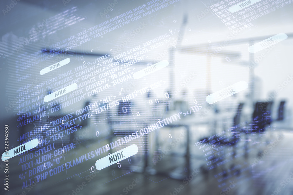 Poster Multi exposure of abstract creative coding sketch and world map on a modern furnished office background, artificial intelligence and neural networks concept
