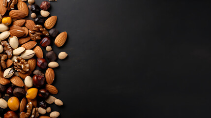 Assorted nuts on the old black background. Top view. Free space for your text.,