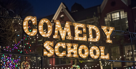 the words COMEDY SCHOOL in very large type in lighted