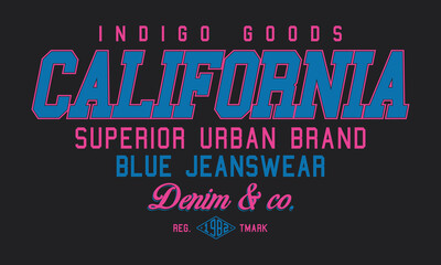 California Indigo Goods slogan Retro print for t-shirt design. Graphics for tee shirt Artwork. Vector illustration.