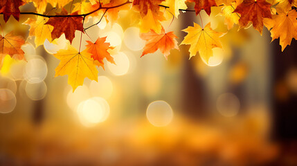 Autumn colorful bright leaves swinging in a tree in autumnal park. Autumn colorful background, fall backdrop
