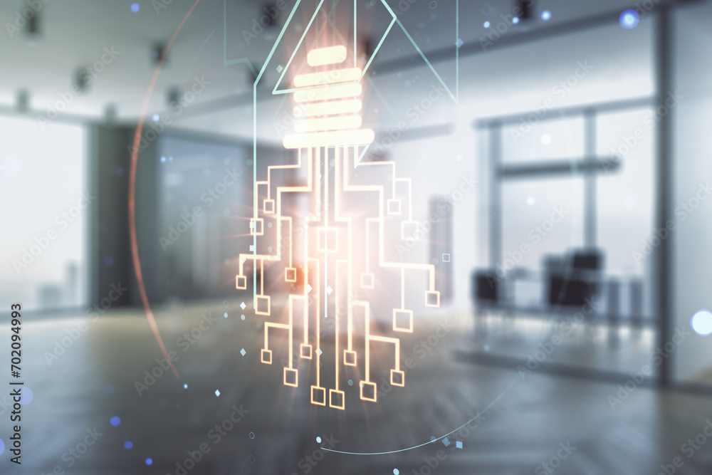 Aufkleber Virtual creative idea concept with light bulb and microcircuit illustration on a modern furnished office background. Neural networks and machine learning concept. Multiexposure