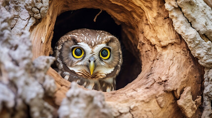 Bird, Owl, Spotted owlet (Athene brama) in tree hollow,Bird of Thailand,