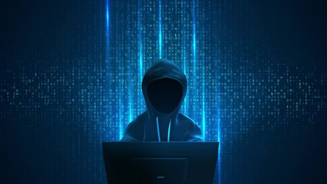 4K Hacker in hoodie fraud and cryptocurrency bitcoin. Cybersecurity data protection social network Data thief, internet fraud, darknet cyber security. Encrypted fast programming security hacking code
