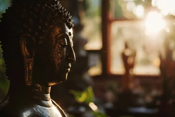 Fotobehang Golden Buddha head silhouette reflecting spiritual serenity against a warm sunset glow © Twinny B Studio