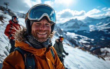 skier man with friends with Ski goggles and Ski helmet on the snow mountain