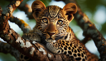  A close-up photograph of a leopard perched on a tree branch,