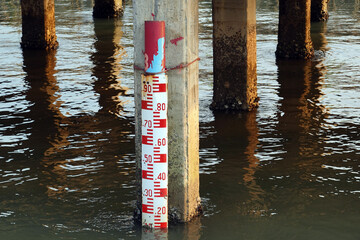 Critical water level gauge. A red staff gauge beside a concrete pole showing critical river water.  