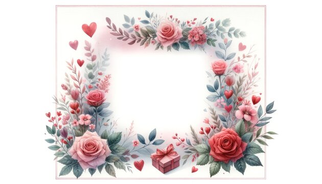 The image is a romantic watercolor painting with a heart-shaped floral arrangement, featuring roses, leaves, and a gift box, all in shades of pink and red.