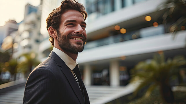 Portrait of smiling male corporate professionals wearing suit while standing in front of building
