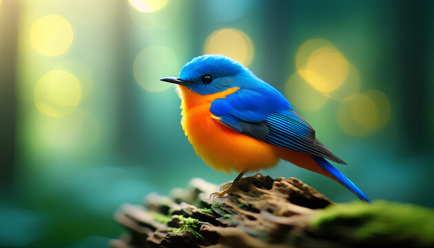 Featuring an orange and blue bird, A photography composition following the rule of thirds, 
