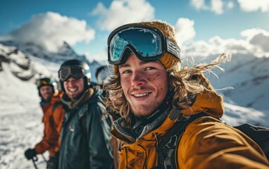 skier man with friends with Ski goggles and Ski helmet on the snow mountain