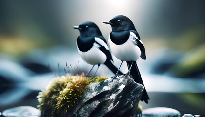 A serene nature scene featuring two white-and-black birds perching on a rock. The birds, possibly magpies or pied wagtails, - obrazy, fototapety, plakaty