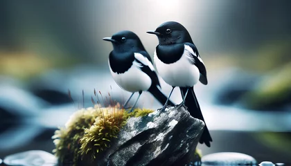 Foto op Canvas A serene nature scene featuring two white-and-black birds perching on a rock. The birds, possibly magpies or pied wagtails, © mizan
