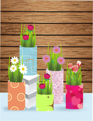 composition of spring, colorful flowers in colorful vases - 702096111