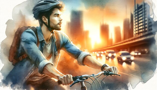 The image is a watercolor painting of a focused young man cycling in an urban setting, highlighted by the glowing backdrop of a city at dusk.