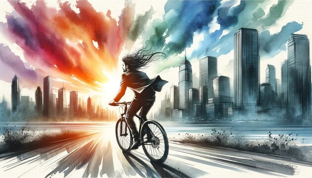 The image is a vibrant watercolor painting of a man cycling against a dramatic city skyline with a backdrop of a vivid sunset sky.