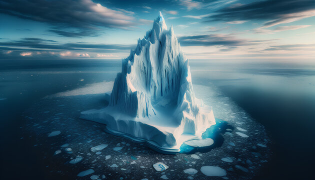 A breathtaking landscape image of an iceberg in a vast, cold ocean. The iceberg, with its towering structure, Generative AI