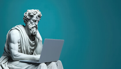 Antique man statue with laptop