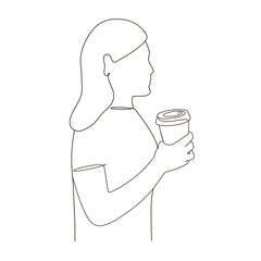 Line art of side view of long hair woman holding a takeaway disposable coffee cup. waist up confident happy taking a break. tea
