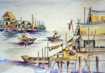 Fototapeta na wymiar art drawing comic floating market countryside thailand