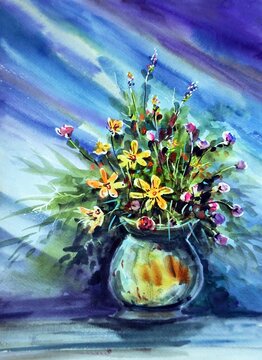 art watercolor painting  flower in vase