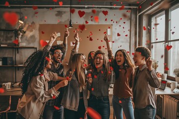 Group of young people celebrating Valentine's Day in the office at work - Powered by Adobe