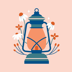 Village lantern with plants, flowers, berries, stars. Summer cottagecore aesthetics. Gas lamp, camping lantern, lightning equipment. Cute cartoon illustration in flat style. Graphic minimal clip art. - obrazy, fototapety, plakaty