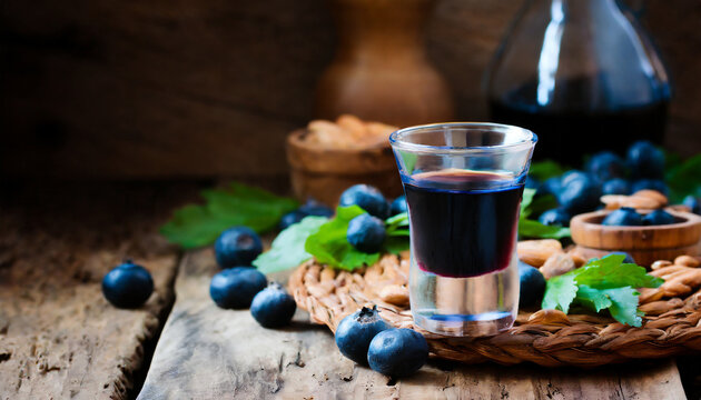 Traditional sardinian liqueur with mirto, selective focus