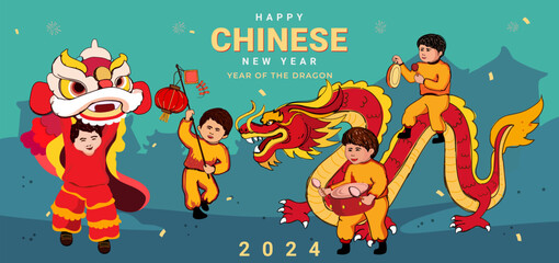 vector chinese new year with Dragon dance parade illustration