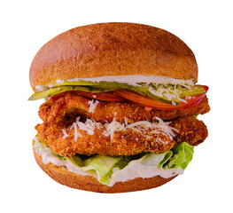 Burger with Chicken Nuggets in Creamy Sauce Isolated on White Background