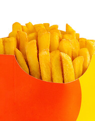 Potatoes fries in a red carton box isolated on a white background