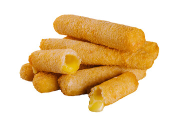 Pile of tasty cheese sticks isolated on white