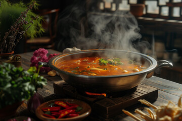 Resturaunt style Hotpot on a stove cooking food