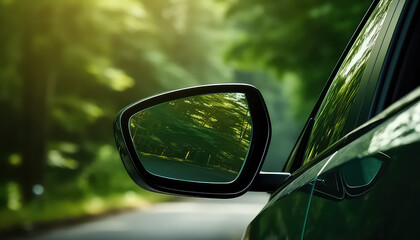 Side mirror on a green car in the forest