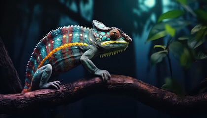 The chameleon is painted in different colors on a branch - Powered by Adobe
