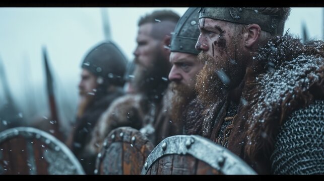 vikings, powerful and emotive portraiture. northern warriors are in formation, ready for battle. style of celtic art.