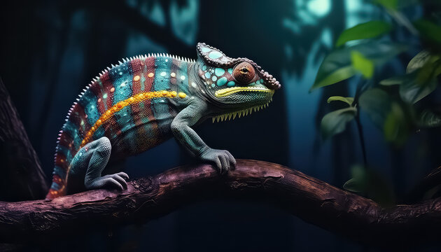 The chameleon is painted in different colors on a branch