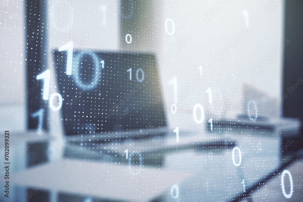 Leinwandbilder Double exposure of creative abstract binary code hologram on laptop background. Database and programming concept