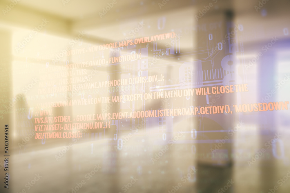 Aufkleber abstract virtual coding concept on empty corporate office background. multiexposure