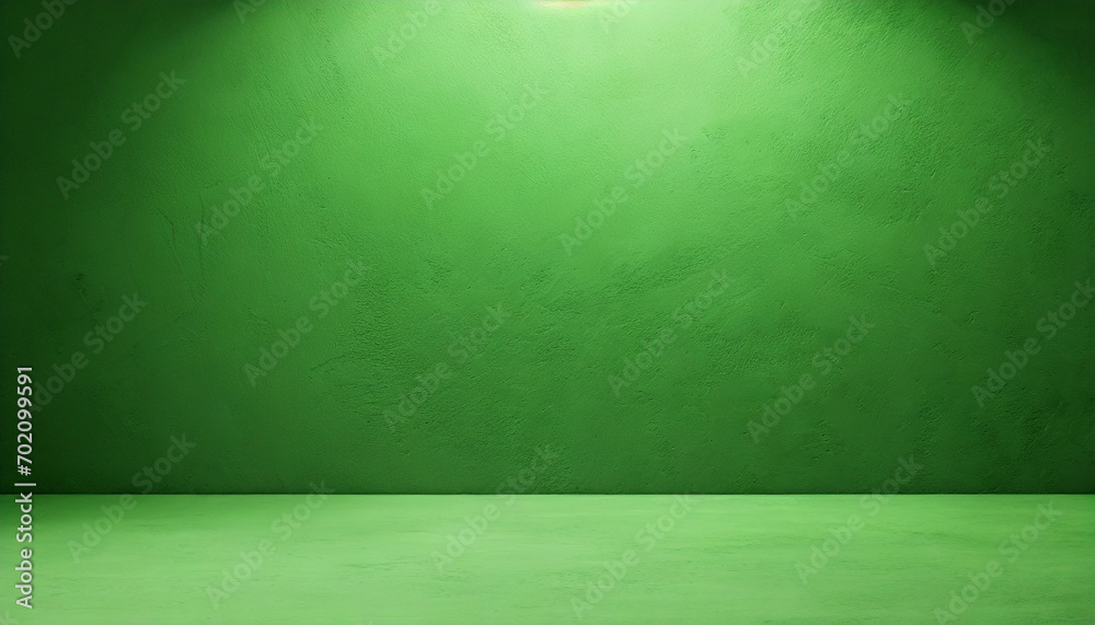 Poster Empty green background and stand display with studio for showing or design concept